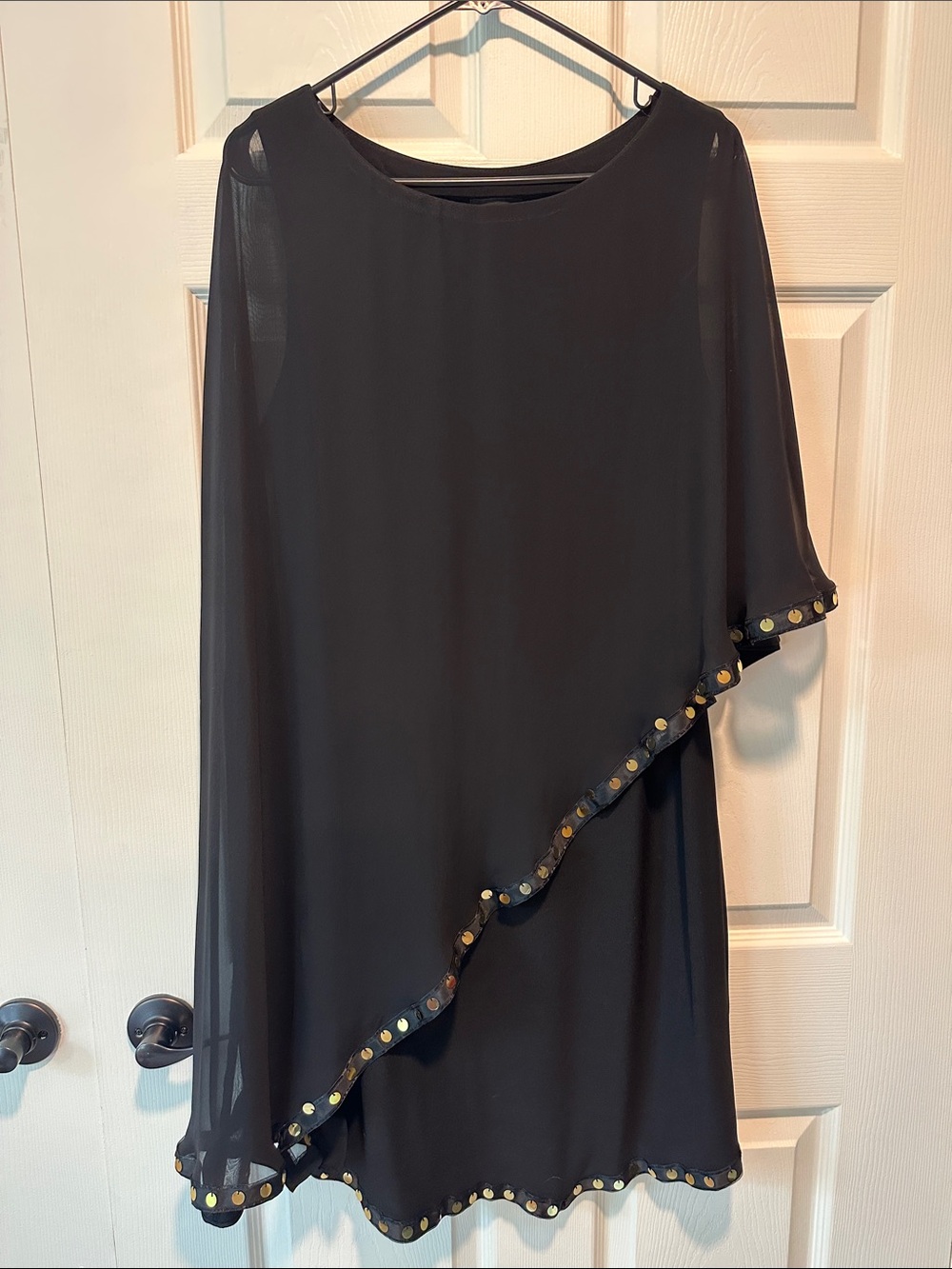Black Asymmetric Overlay Dress with Gold sequined Trim